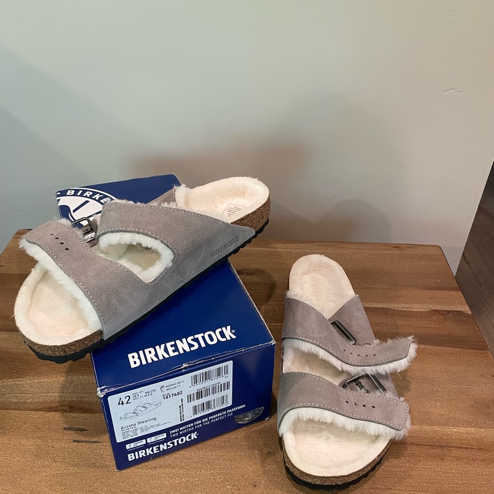NWT Birkenstock Arizona Shearling Sandal Suede Leather Stone Coin 42 Regular